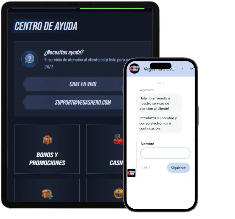 VegasHero Casino Soporte Multidispositivo VegasHero Casino centro de ayuda en tablet junto a chat automatizado en móvil pidiendo nombre